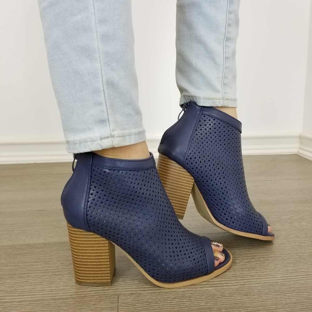 Navy Perforated Heeled Open Toe Ankle Boots - Picture 7 of 7